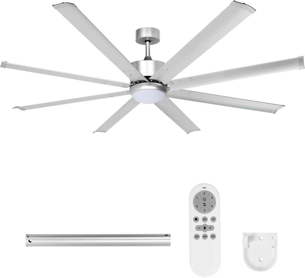 72" Ceiling Fans with Light and Remote, Energy Saving Super Quiet 6-Speed Ceiling Fan with 3CCT Dimmable Light for Farmhouse Gym Garage Indoor Outdoor, 8 Aluminum Blades, Reversible, Silver