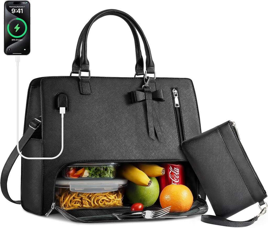 Lunch Tote Bag for Women 2 in 1 Laptop Work Bag with Lunch Insulated Compartment and Purse Combo Waterproof PU Leather 15.6 Inch Computer Crossbody and Shoulder Bag for Daily, Office, Picnic. Black