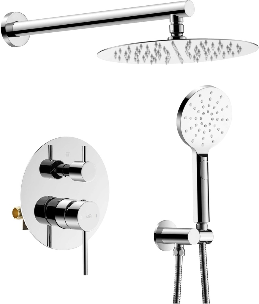 KIBI 2-Function Wall Mounted Circular Bathroom Shower System | Solid Brass Pressure Balanced Valve Shower Faucet Set with High Flow Showerhead and Handheld Spray for Bathroom (Chrome, KSF403)