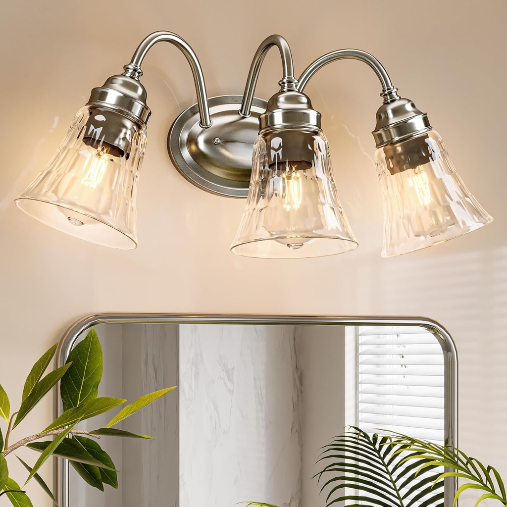 Tribesigns 3-Light Bathroom Light Fixtures, Modern Wall Lights with Glass Shades, Bathroom Vanity Sliver Wall Sconce Lamp for Mirror Bedroom Living Room Hallway Cabinet (E26 Base)