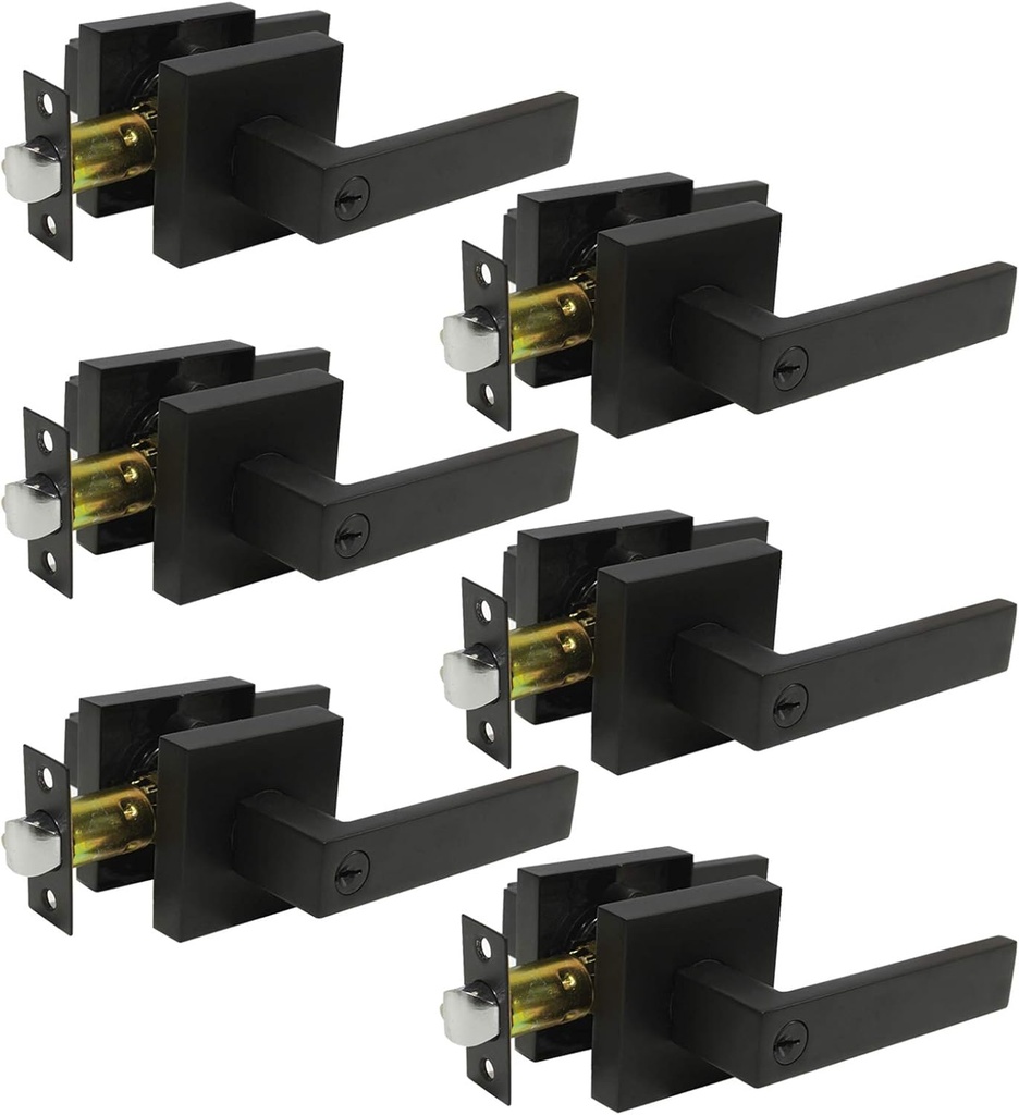 Probrico Heave Duty Keyed Door Entry Levers, Matte Black Entrance Lockset Handleset,Exterior Hardware for Front/Back Gate, Contractor Pack Universal Handles(Different Keys,6 Pack)