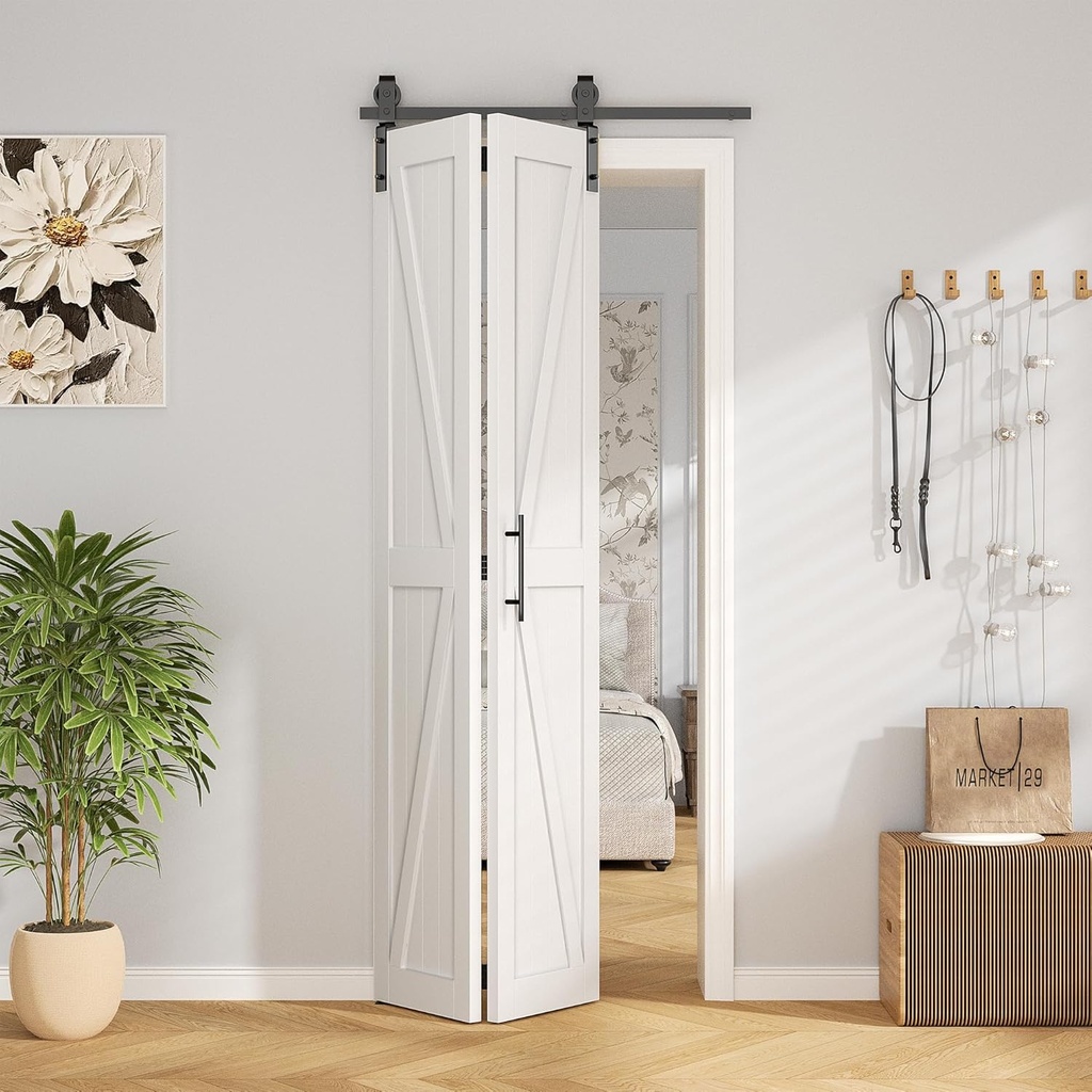 ROOMTEC 30"x84" Solid Pine Bi-Fold Closet Door, Pre-Assembled Folding Interior Door, White Painted Finish, Without Track Hardware, for Bedroom, Wardrobe, Pantry, Laundry Room