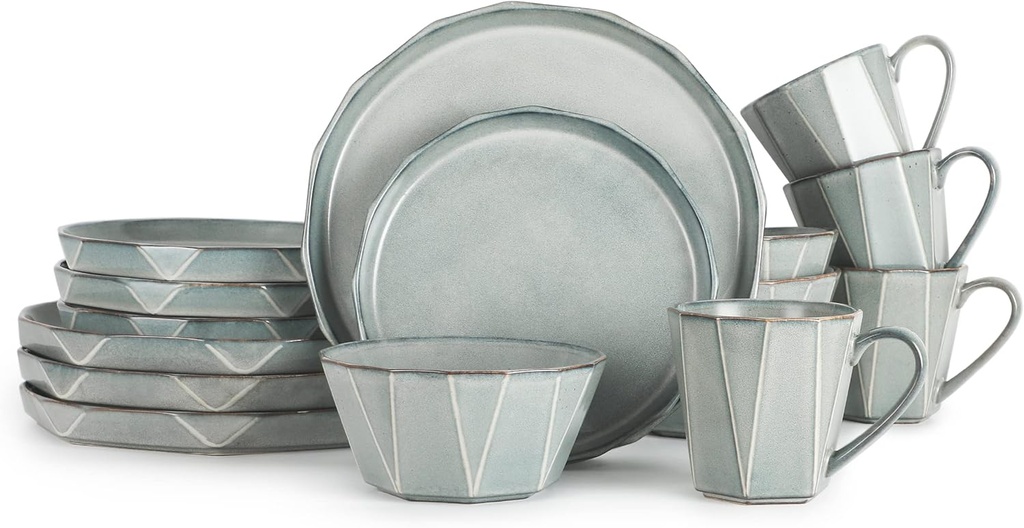 TABLE 12 16-Piece Dinnerware Set, Stonewashed Dinnerware Set for 4 Including Dinner Plates, Dessert & Salad Plates, Bowls, Mugs, Modern Kitchen Set