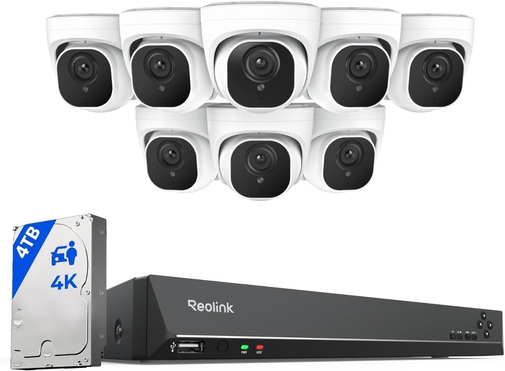 REOLINK 4K PoE Security Camera System Wired, 8pcs 8MP PoE Cameras, Smart Person/Vehicle Detection, 16CH NVR with 4TB HDD, H.265, 24/7 Recording, High Bitrate & Clear Stream, RLK16-800D8
