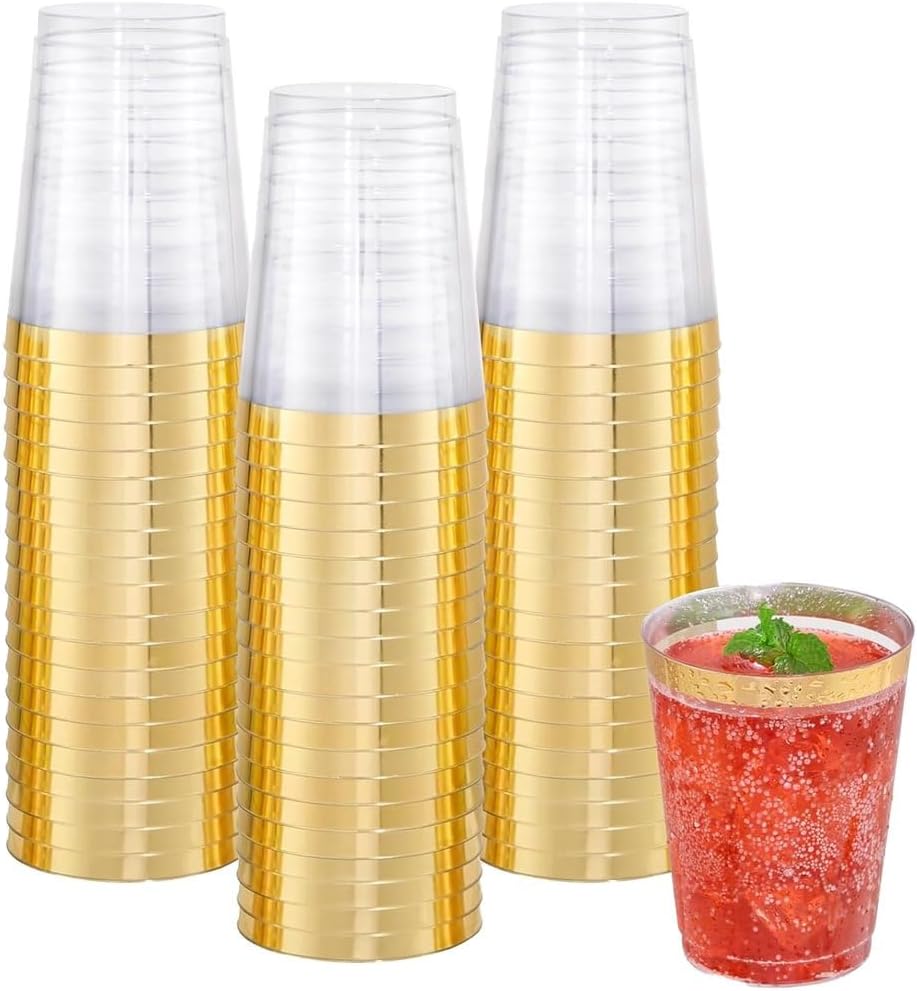 Luxurious Gold Rim Tumblers - 10oz (50 Count) - Elegant Clear Plastic Party Cups with Dazzling Gold Accents - Ideal for Special Occasions and Celebrations