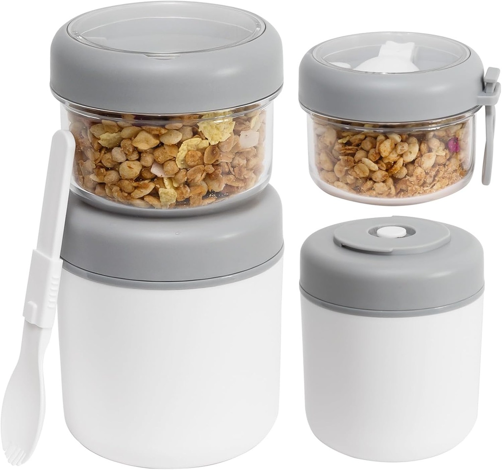 2-in-1 Oatmeal Cereal Cup with Spoon, Reusable 2-Tier Insulated Food Container, Leak Proof Stainless Steel Container for Breakfast School Travel