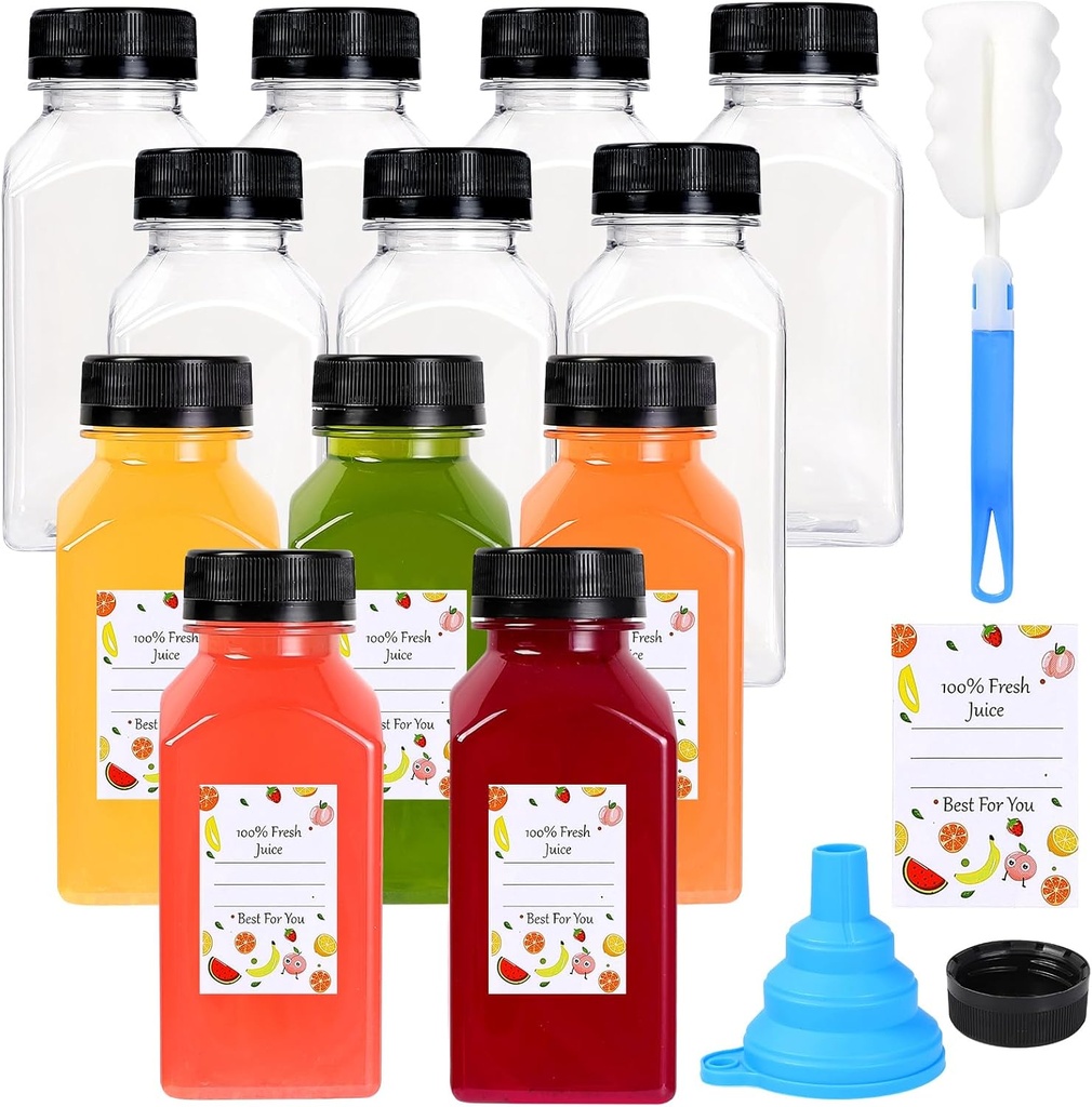 12 Pack Plastic Juice Bottles Empty Bottles with Caps Reusable Juice Containers with Leak-Proof Lids Black, Clear Bottles for Juicing, Milk, Smoothie, Drinking, and Beverages Christmas Gifts (8 OZ)