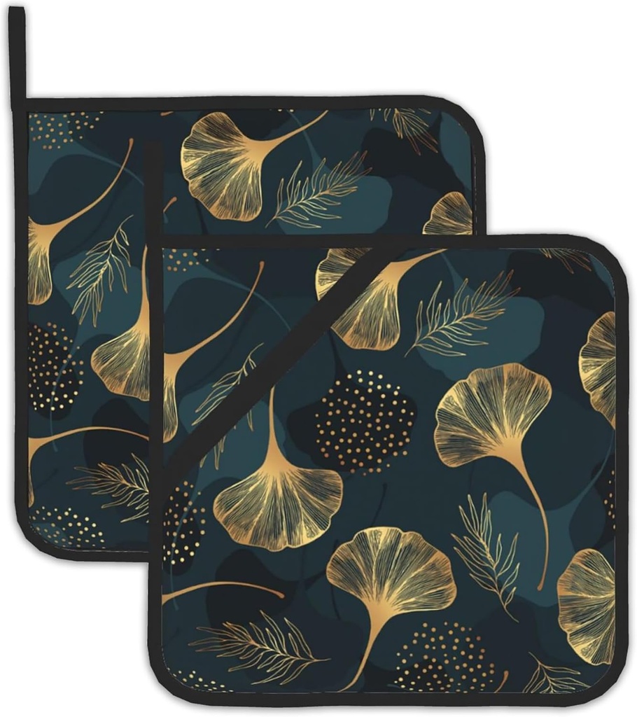 Ginkgo Leaves Pot Holders Set of 2, Kitchen Heat Resistant Vintage Floral Potholder for Microwave Cooking Baking Oven End Dishes and BBQ