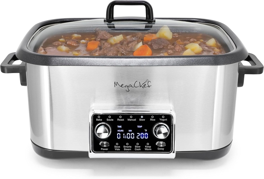 MegaChef Deluxe 8 Quart 12-in-1 Programmable Multi Cooker with Sous Vide and Multi-Functions, Digital Display, Adjustable Temperature & Time, Removable Pot, Tempered Glass Lid