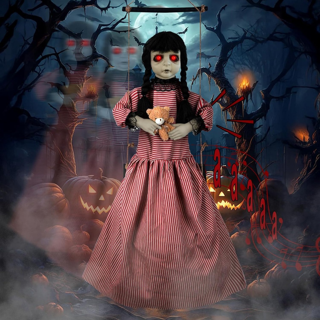 Scary Halloween Decorations Outdoor, Realistic Hanging Swinging Girl with Scary Sounds & Glowing Eyes, Hanging Ghosts Decor for Haunted House Graveyards Horror-Themed Party