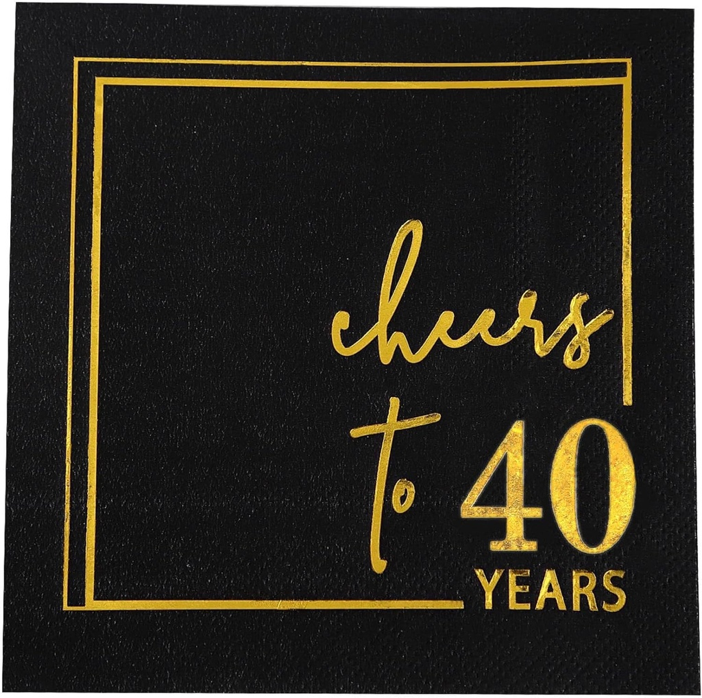 Cheers to Years Cocktail Napkins - 50PK - 3-Ply Birthday Napkins 5x5 Inches Disposable Party Napkins Paper Beverage Napkins for Birthday Decorations Wedding Anniversary Black and Gold (40 Years)