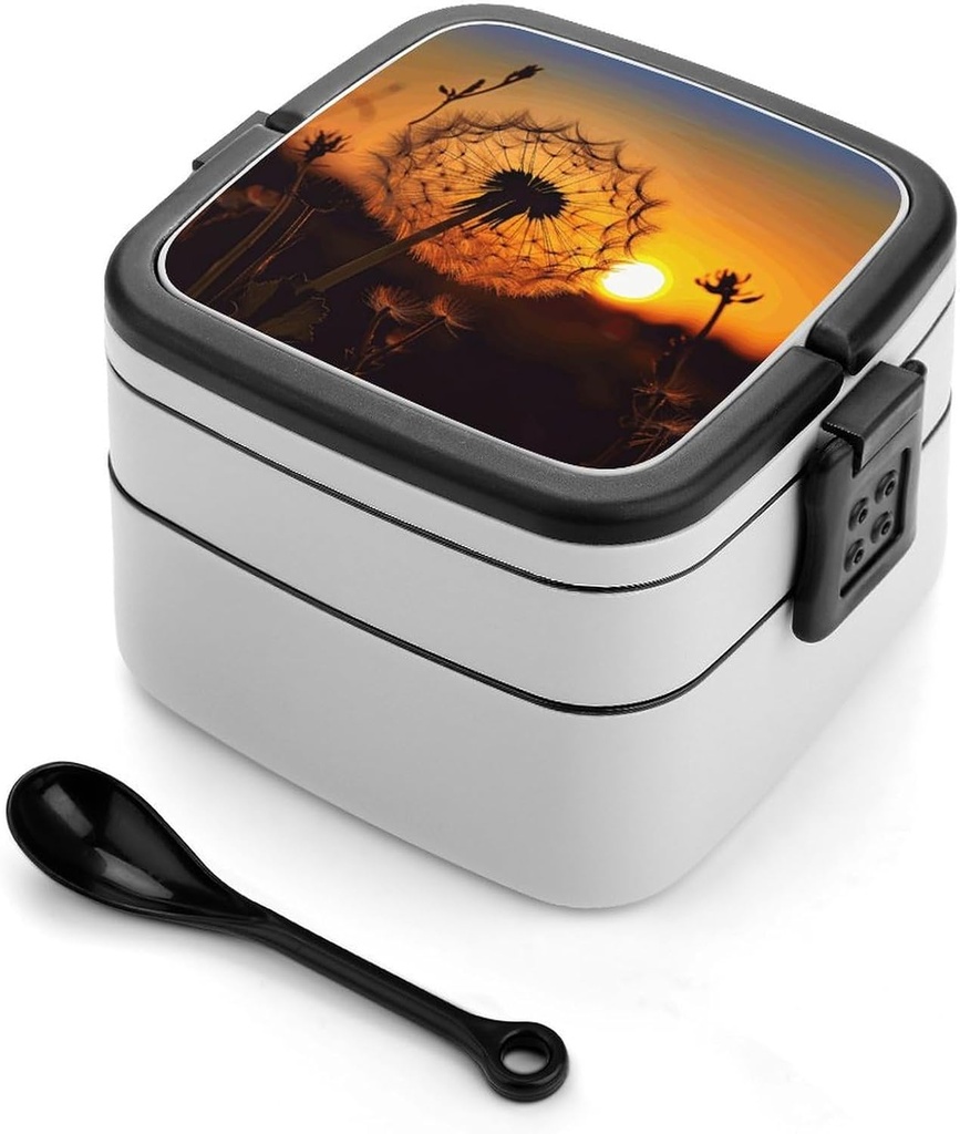 Stackable Double-Layer Bento Box Sunset Dandelion Adults Lunchbox With Spoon Cute Japanese Bento Box Dishwasher Safe for Work Travel Dining Outc