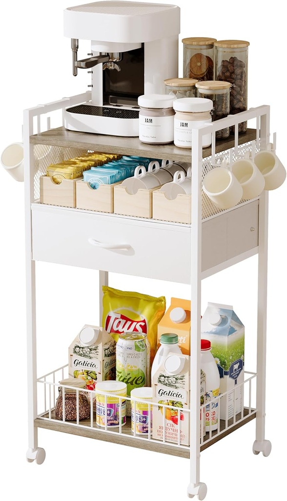 Small White Coffee Bar Cart with Drawer Storage, Coffee Bar Station Mug Cup Holder Stand, 3-Tier Coffee Table for Home Buffets & Sideboards, Office Coffee Station for Kichen, Entryway, Living Room