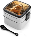 Stackable Double-Layer Bento Box Hand Drawn Groundhog Adults Lunchbox with Spoon Cute Japanese Bento Box Dishwasher Safe for Work Travel Dining Outc