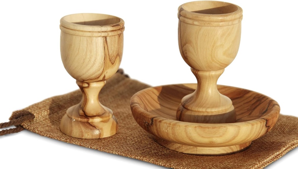 2 Small Communion Cups With Wooden Bread Tray in a Gift Bag. Hand Carved Kiddush Cup from Olive wood - for Church, Ministry & Worship events with Certificate of Origin.