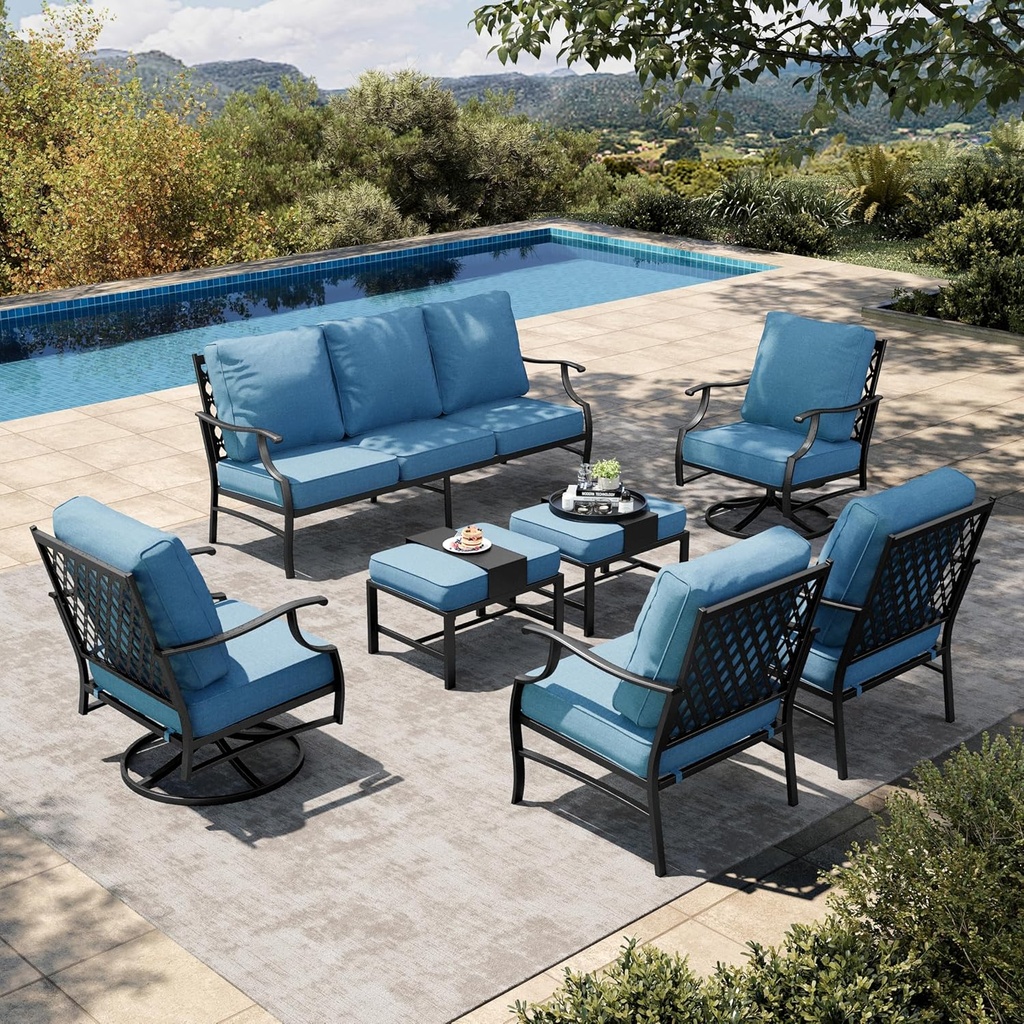 HERA'S HOUSE 7 Piece Patio Furniture Set, 2 x Swivel Chair, 2 x Leg Chair, 2 x Ottoman, 1 x 3-Seat Sofa, All Cushioned 9 Seats Metal Outdoor Conversation Set for Lawn Garden Backyard