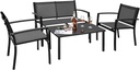 Flamaker 4 Pieces Outdoor Patio Furniture Textilene Modern Conversation Black Bistro Set with Loveseat Tea Table for Home, Lawn and Balcony