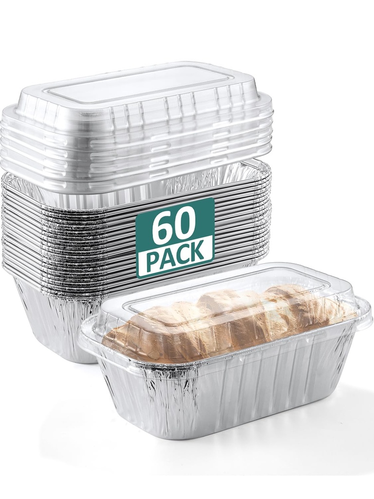 60 Pack 6x3.5x2 Disposable Aluminum Loaf Pans with Lids Small-Aluminum-Foil-Pans-Tin-Foil-Baking-Pans-Tin-Trays-Food-Containers-for-Baking-Cakes-Bread-Meat-Loaves