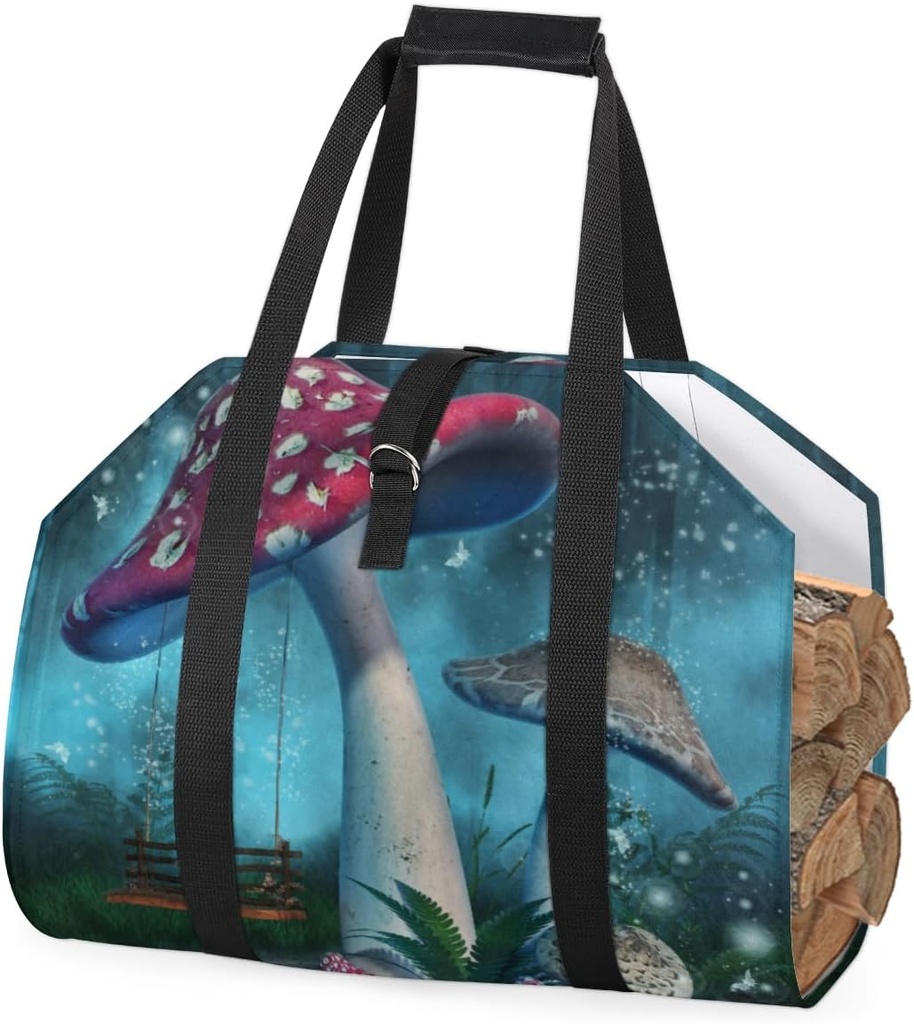 GUYOS Mushroom Patterns in The Forest - Waxed Log Carrier for Firewood Carrier, Waterproof Large Capacity Canvas Wood Carrying Bag with Top Handle, Fireplace Wood Stove Accessories, 2 Packs