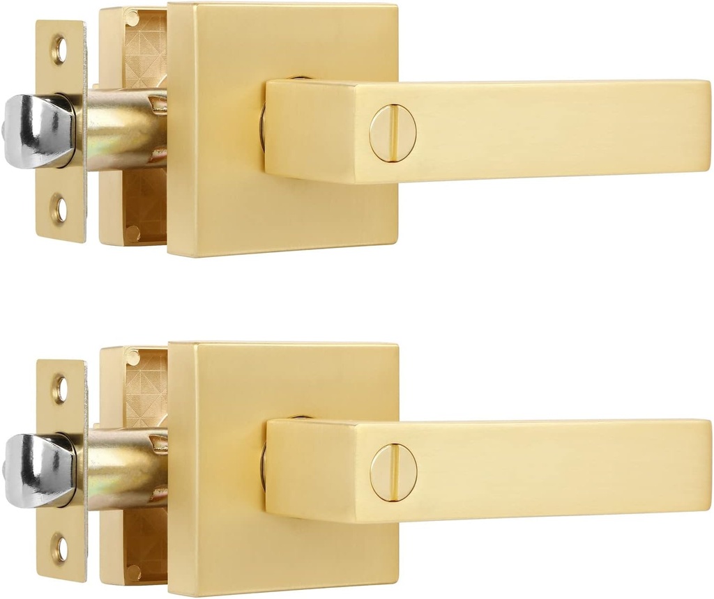 2 Pack Heavy Duty Bathroom Door Handle, Square Stain Brass Privacy Gold Door Locks,Interior Door Knob Locked Inside with Turn Thumb Left/Right Handed Reversible,Keyless