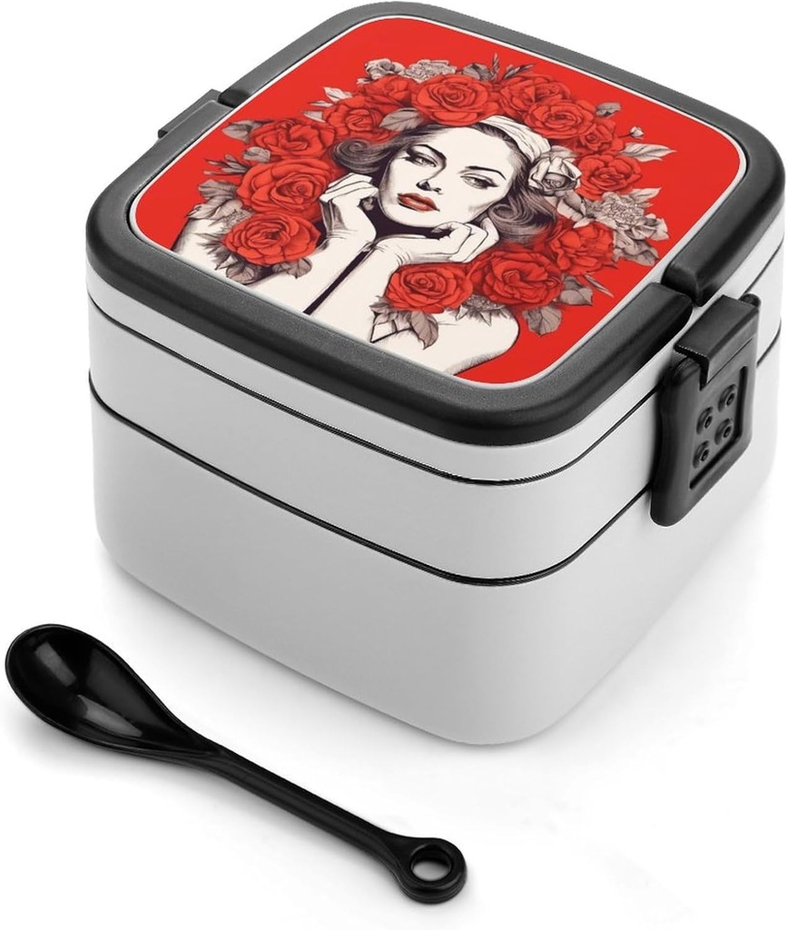 Hand Drawn Portrait Bento Box Adult Lunch Box All-in-One Lunch Containers with Removable Compartments Double Layer Bento Lunch Box with Spoon And Handle Stackable Lunchbox