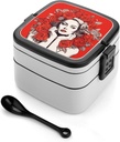Hand Drawn Portrait Bento Box Adult Lunch Box All-in-One Lunch Containers with Removable Compartments Double Layer Bento Lunch Box with Spoon And Handle Stackable Lunchbox