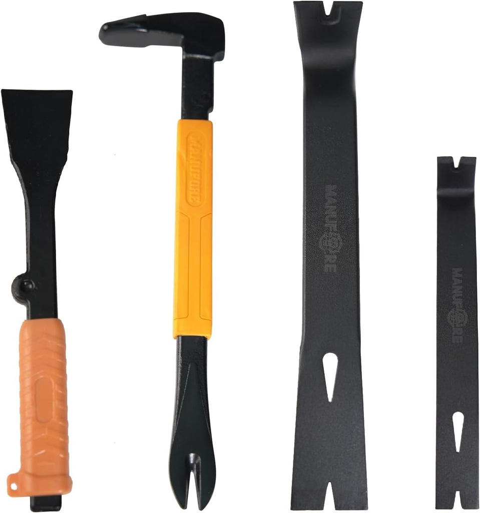 MANUFORE 4pcs Pry Bar Nail Puller Set, 12” Flat Pry Bar, 7.5” Flat Pry Bar, 12” Crow Bar with Hammer, 9” Chisel (Orange)