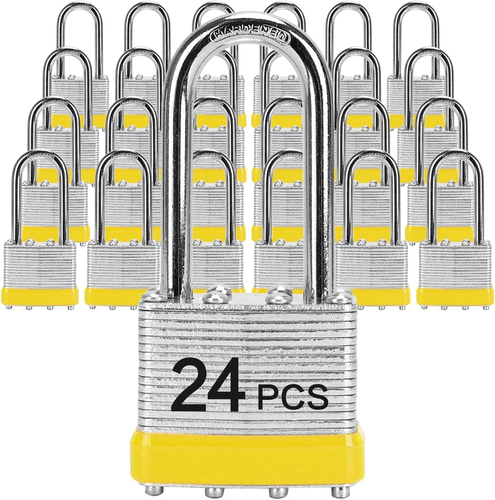 Padlocks with Same Key, LQYN 24 Pcs Laminated Keyed Padlock (1-9/16", 40mm), Keyed Alike Locks, Long Shackle, for Storage Locker, Hasp Latch, Toolbox, Sheds