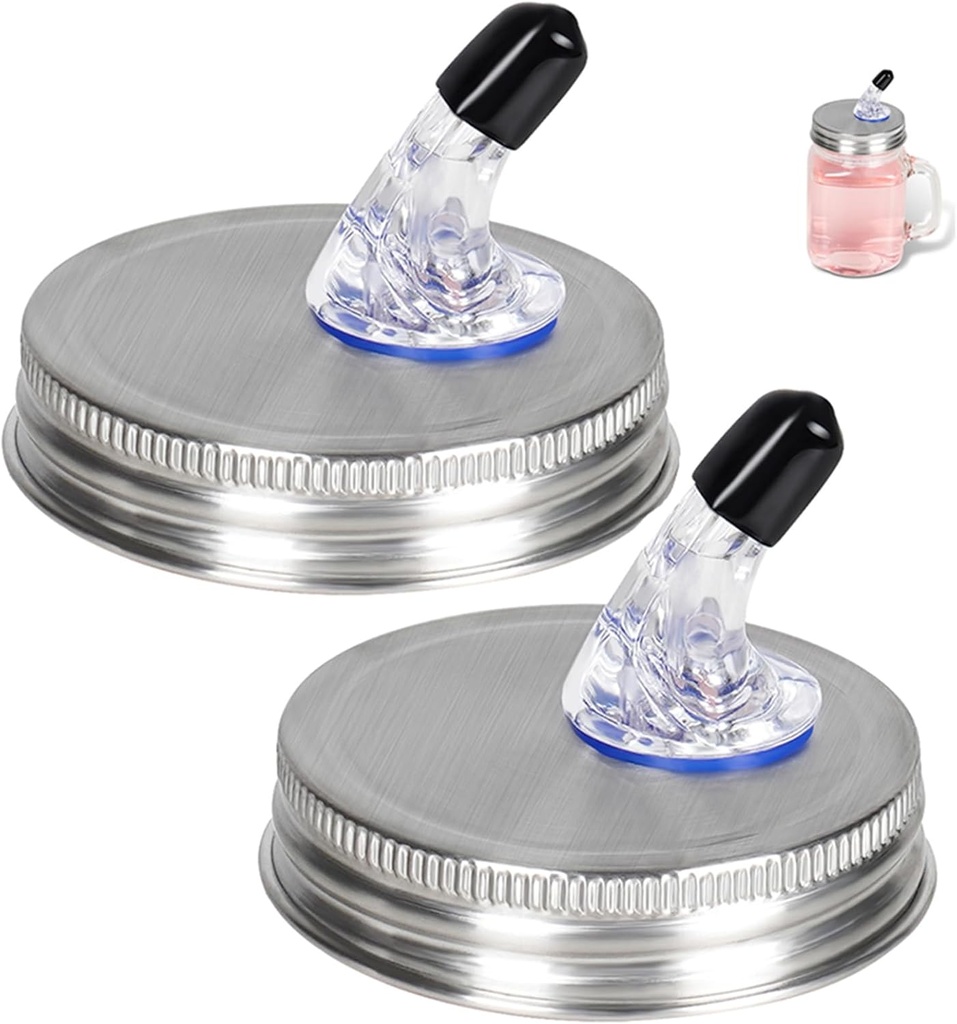 Stainless Steel Mason Jar Pour Spouts,Moonshine Free Flow Pouring Dispenser fit 2.75 Inch Regular Mouth,Dust Proof Cover,Dishwasher Safe,Reusable,Silver Houjioes（2Pack)