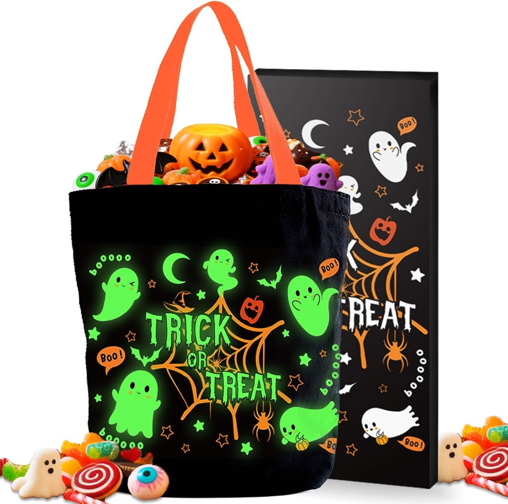 Aleture Trick or Treat Bag, Glow in The Dark Halloween Candy Canvas Tote Bag with Handle, Light Up Ghost Reusable Portable Collapsible Trick or Treat Bucket, Halloween Gifts for Kids Teens Women Men