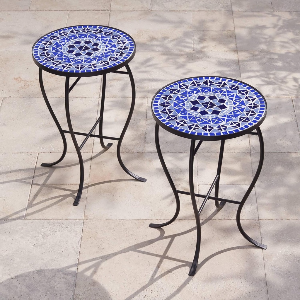 Teal Island Designs Cobalt Modern Black Metal Round Outdoor Accent Side Tables 14" Wide Set of 2 Light Blue Mosaic Tile Tabletop Gracefully Curved Legs for Spaces Porch Patio Home House Balcony