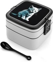 Bento Box Adult Lunch Box All-in-One Stackable Leakproof Lunch Containers with Compartments Double Layer Leak-Proof Cute White Cat Lunch Boxes for Women Men Office Work Picnic