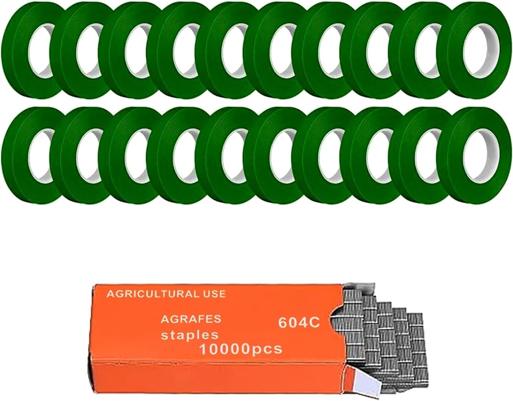 20 Rolls 1640 FT Green Plant Grafting Tape+10000Pcs Staples for Plant Tying Machine,Nursery Tree Tape Support for Climbing Plants Indoor Outdoor, Tree, Vegetables, Branches
