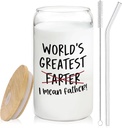 Funny Dad Gifts for Fathers Day Glass Cup with Lids and Straws Cleaning Brush 14oz,Father Dad Birthday Gifts from Daughter Son,World Greatest Farter Glass Coffee Tumbler Drinking Jars