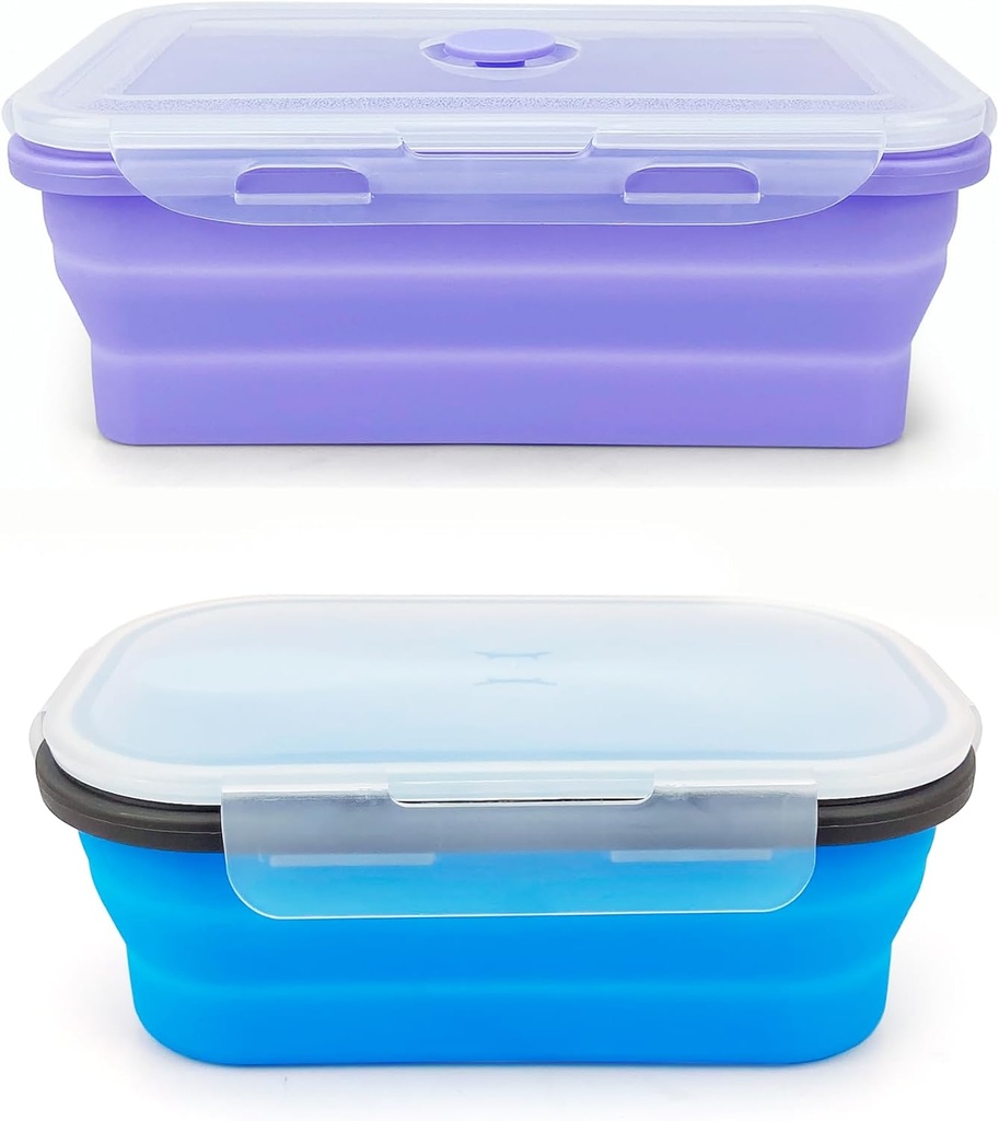 Purple 1200ml Collapsible Bneto Box & Blue 1000ml Silicone Lunch Container with 2in1 Spoon