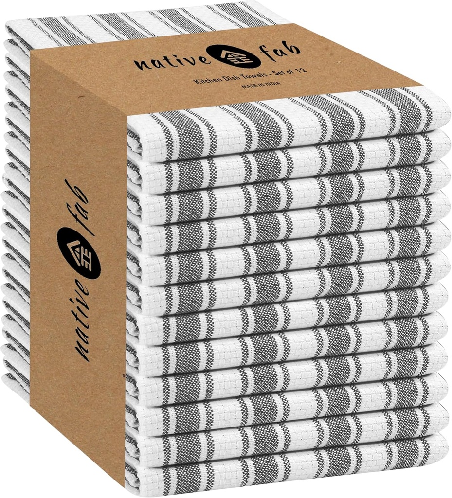 Native Fab Gray Stripe Kitchen Towels - 12 Pack - 100% Cotton, Basket Weave Striped Dishcloths Set - 16 x 26 Inches - Absorbent, Quick Drying, Durable & Washable Towel with Hanging Loop - Grey White