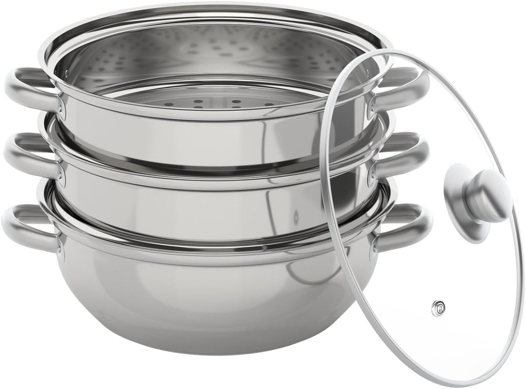 Steamer Pot for Cooking 11inch Food Steamer Stainless Steel Steamer Pot Kitchen Cookware Rice Steamer Steam Pots with Lid 3-tier Cookware with Lid for Vegetable, Stock, Dumpling, Sauce, Food