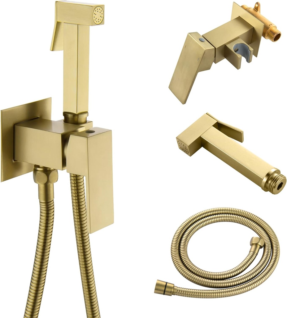 SHAMANDA Warm Water Bidet Sprayer for Toilet with Hot and Cold Brass Rough-in Valve, Stainless Steel Handheld Bidet Attachment Set for Feminine, Pets and Baby Diaper Wash, Brushed Gold, BDS08-3