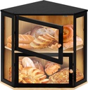 Black Corner Bread Box for Kitchen Countertop, 2 Tier Bamboo Storage Breadbox, Large Modern Bread Container for Homemade Bread with Clear Acrylic Door Panel, Counter Wooden Bread Bin