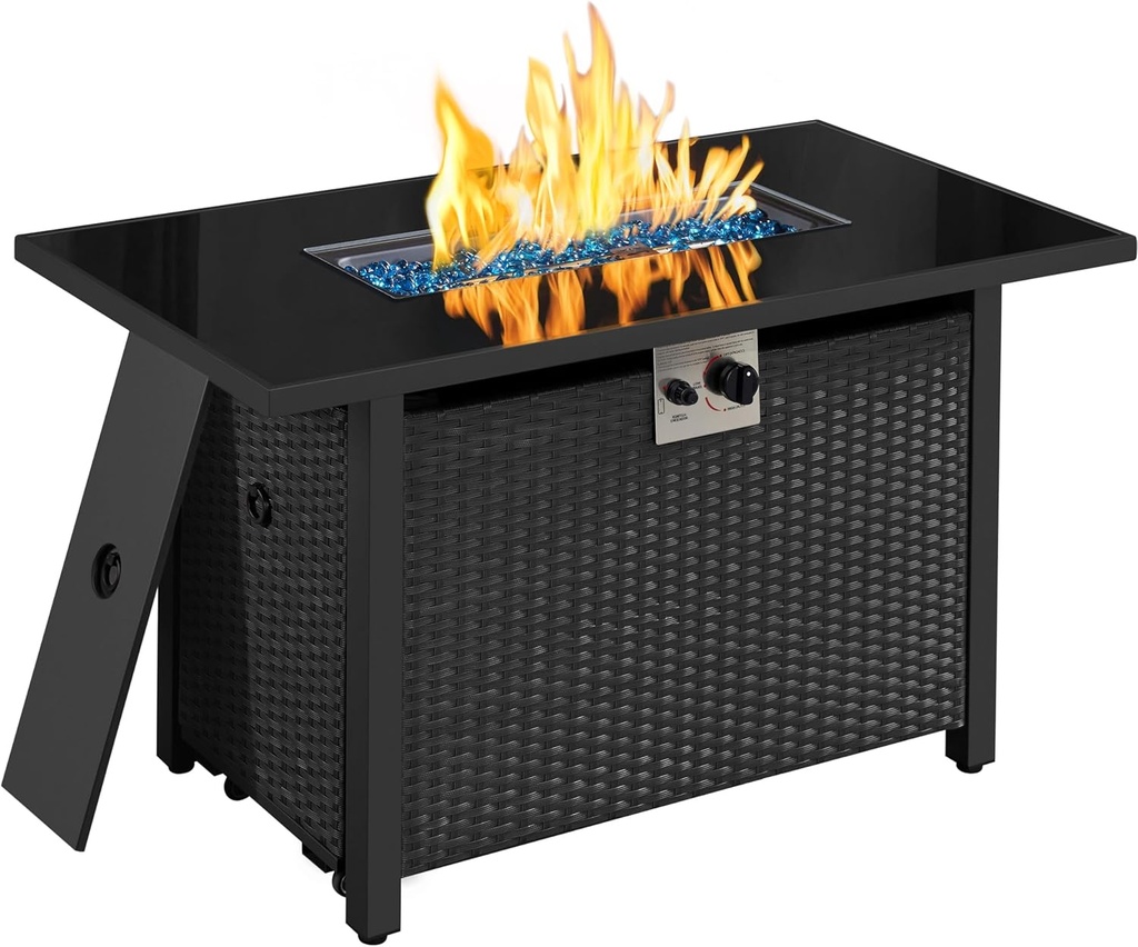 Yaheetech 43in Fire Pit Propane 50,000 BTU Rectangle Fire Table with Glass Tabletop and Waterproof Cover, Gas Fire Table for Garden, Patio, Outdoor, CSA Certification