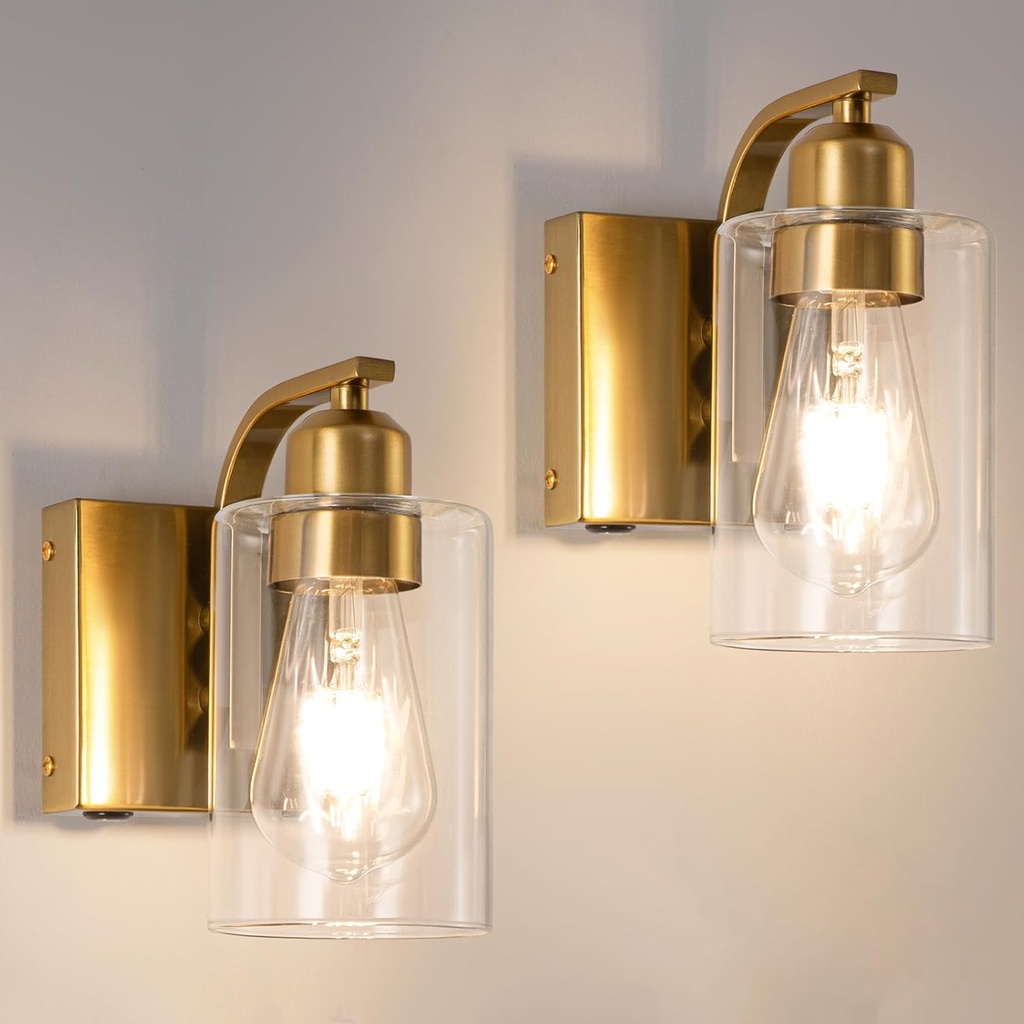 BELS 8 Inch Battery Operated Gold Wall Sconces Set of 2, Farmhouse Wall Lights Fixture with Clear Glass, Remote Control, Dimmable, Wall Sconces for Mirror, Bathroom, Bedroom