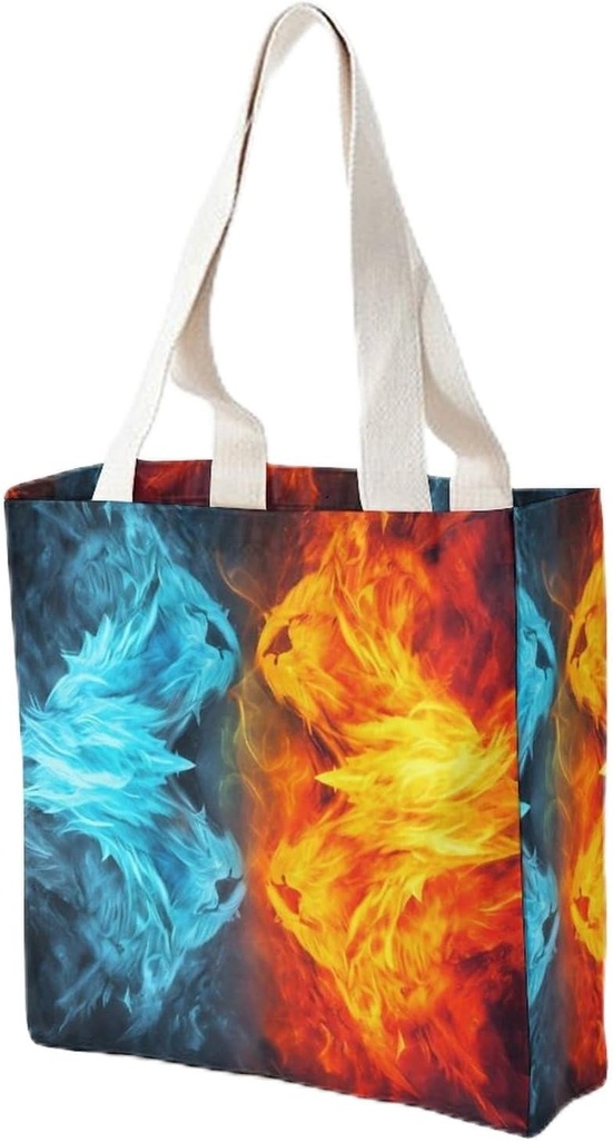 Canvas Tote Bag for Women Reusable Grocery Bag Fire Vs Ice Art Shopping Bags Casual Shoulder Bag Handbag