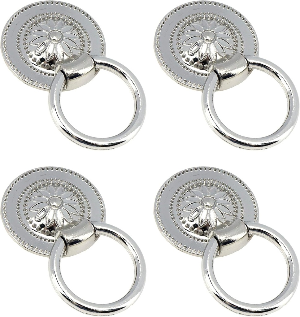 Vintage Drop Ring Pulls Flower Embossed Cabinet Pulls Silver Zinc Alloy Drawer Pulls Handles,for Kitchen Bathroom Bedroom Living Room 4 Pcs