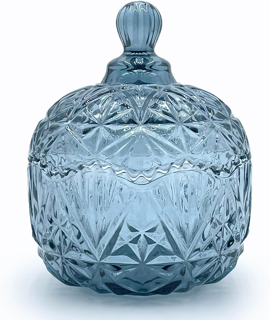 Colorful Crystal Glass Candy Snack Barrel Storage Jar Embossed Luxury Cookie Buffet Canister With Lids Jewelry Box Jar Biscuit Containers(Blue Grey)