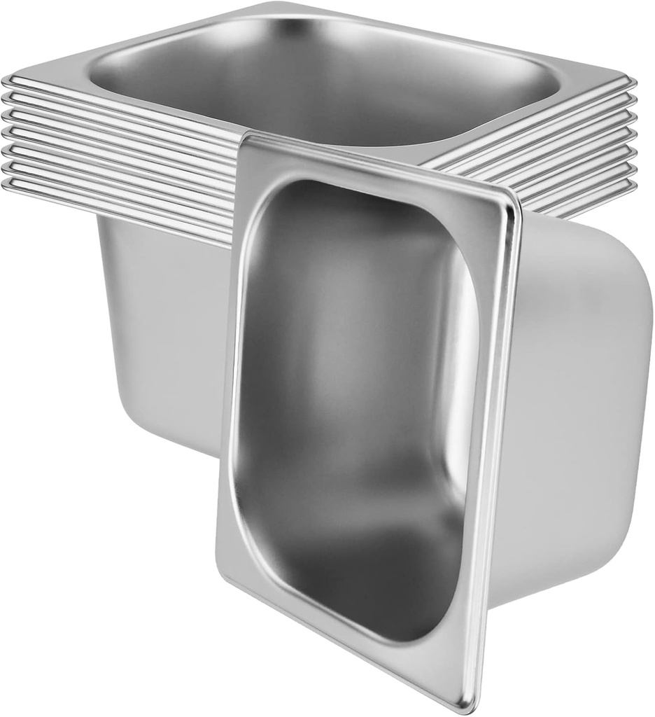 SINJEUN 8 Pack 1/6 Size x 4 Inch Deep Steam Table Pans, Stainless Steel Steam Pan Catering Food Pan for Restaurant, Hotel, Catering, Silver