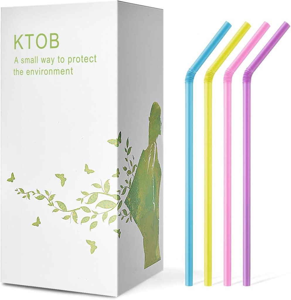 KTOB Biodegradable Flexible Drinking Straws - 200 Count 100% Plant-Based Compostable Colorful Eco Friendly Alternative to Disposable Plastic Straws