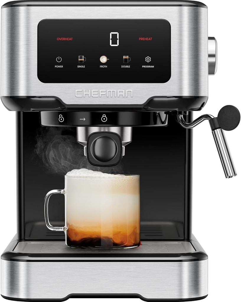 Chefman Chefman CraftBrew Espresso Machine, 15 Bar Pump Digital Coffee Maker with Steam Rod for Lattes and Cappuccino, Compact with 1.8L Removable Water Tank - Stainless Steel