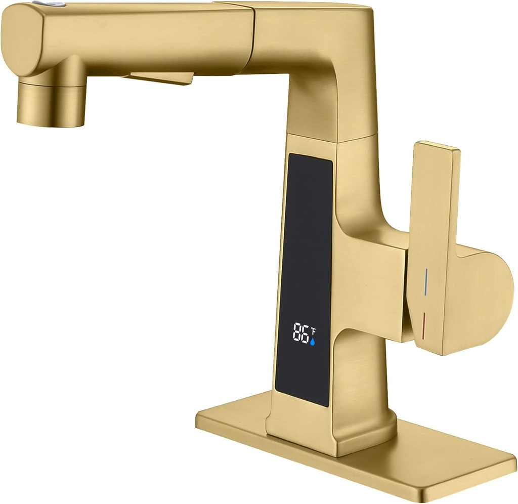 LED Bathroom Faucet with Pull Out Sprayer, Rzoeox Brushed Gold Temperature Display 2 Spray Modes RV Faucet 1 or 3 Holes with Deck Plate