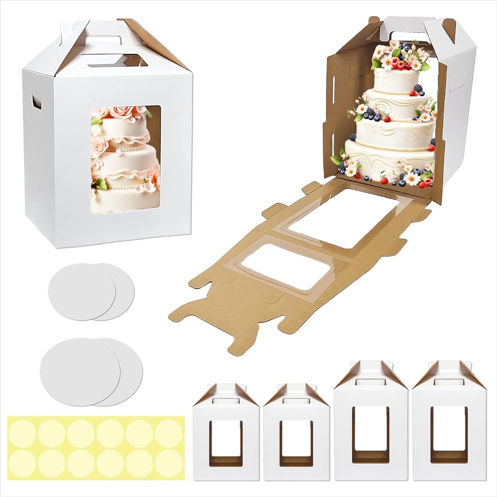 Extra STURDY 4 pack tall cake Box, 2 sizes 10x10x12 & 12x12x14 Inch, 4 cake boards+16 stickers, 2-3 tier bakery transport container with 4 large windows and double handles for wedding, birthday, Party