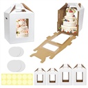 Extra STURDY 4 pack tall cake Box, 2 sizes 10x10x12 & 12x12x14 Inch, 4 cake boards+16 stickers, 2-3 tier bakery transport container with 4 large windows and double handles for wedding, birthday, Party